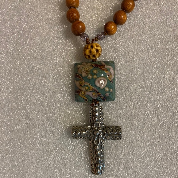 Bayong Wood Bead Necklace - Pewter Cross, Glass Bead, Carved Bone Bead - Picture 12 of 13